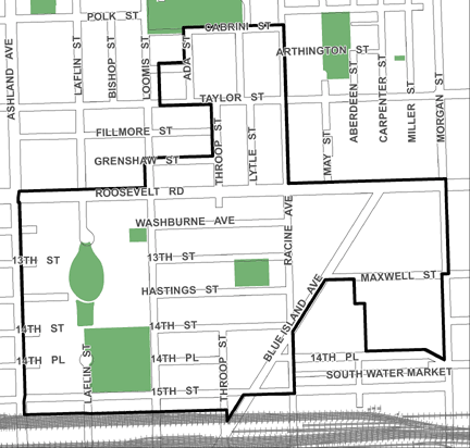 Roosevelt/Racine TIF district map, roughly bounded on the north by Cabrini Street, the Burlington Northern Santa Fe Railway tracks south of 15th Street on the south, Morgan Street on the east, and Ashland Avenue on the west.